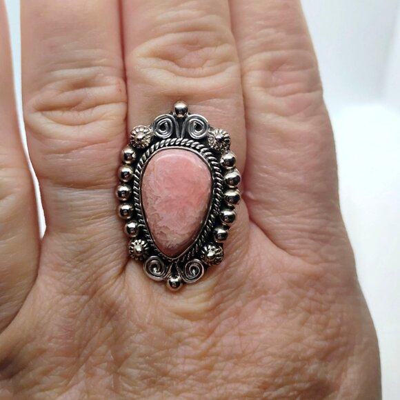 Sterling Silver & Rhodochrosite Teardrop Shaped Ring Size 10 Intricate Setting - Picture 2 of 6